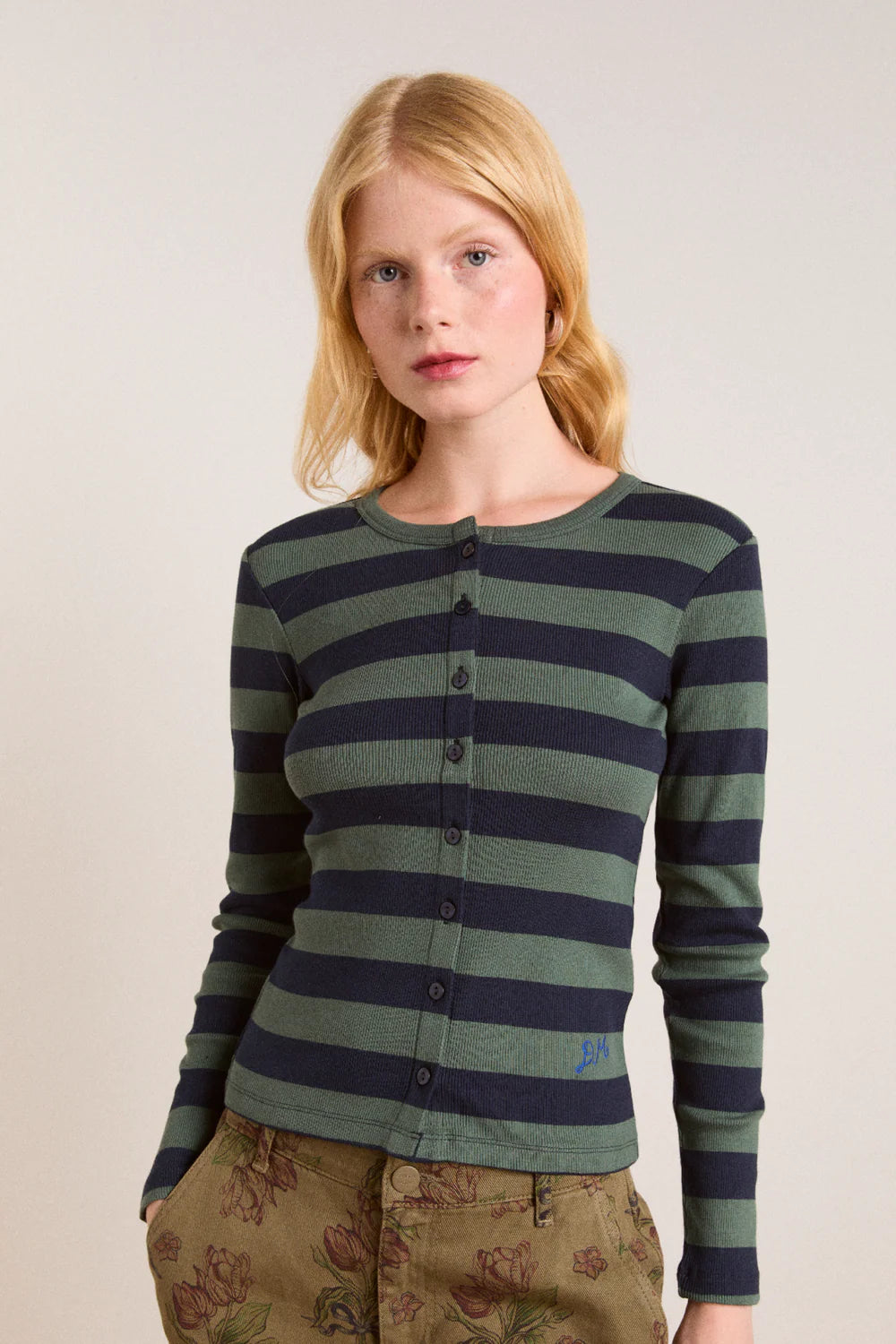 Damson Madder – Sybil Stripe Crew Cardigan in Green