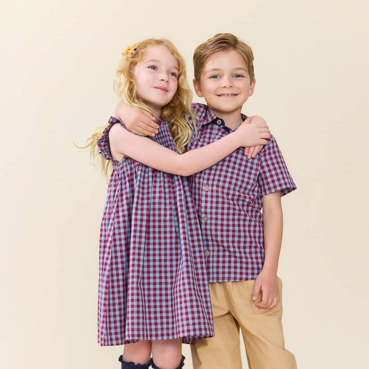 Pink Chicken – Girls Stevie Dress in Red, Light Blue Check