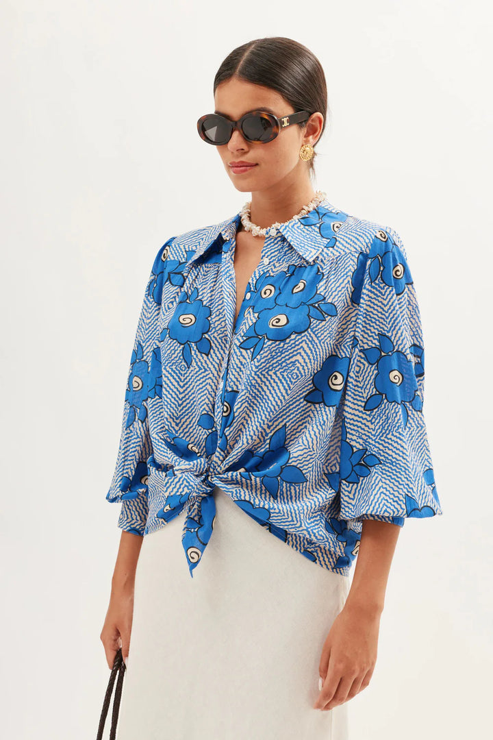 RIXO - Blake Blouse in Milos Floral Blue