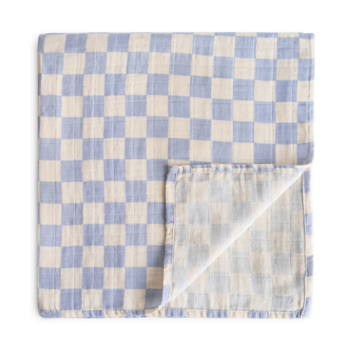 Mushie - Organic Cotton Muslin Swaddle in Blue Check