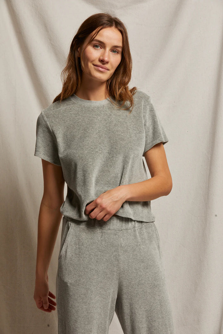 Perfect White Tee - Clara Velour Crewneck Tee in Gray