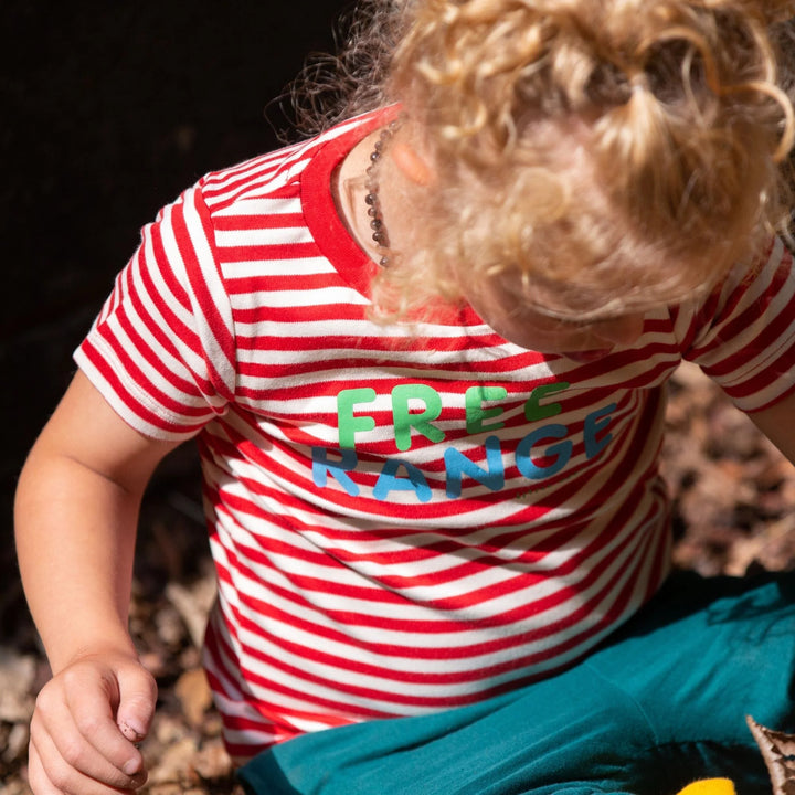 Little Green Radicals –– Free Range Short Sleeve T-shirt in Red and White Stripes