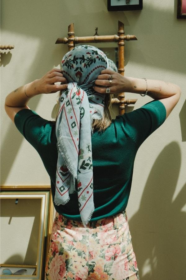 Maison Lecomte Flament – Wool Silk Blend Bandana in Secret Garden Ciel