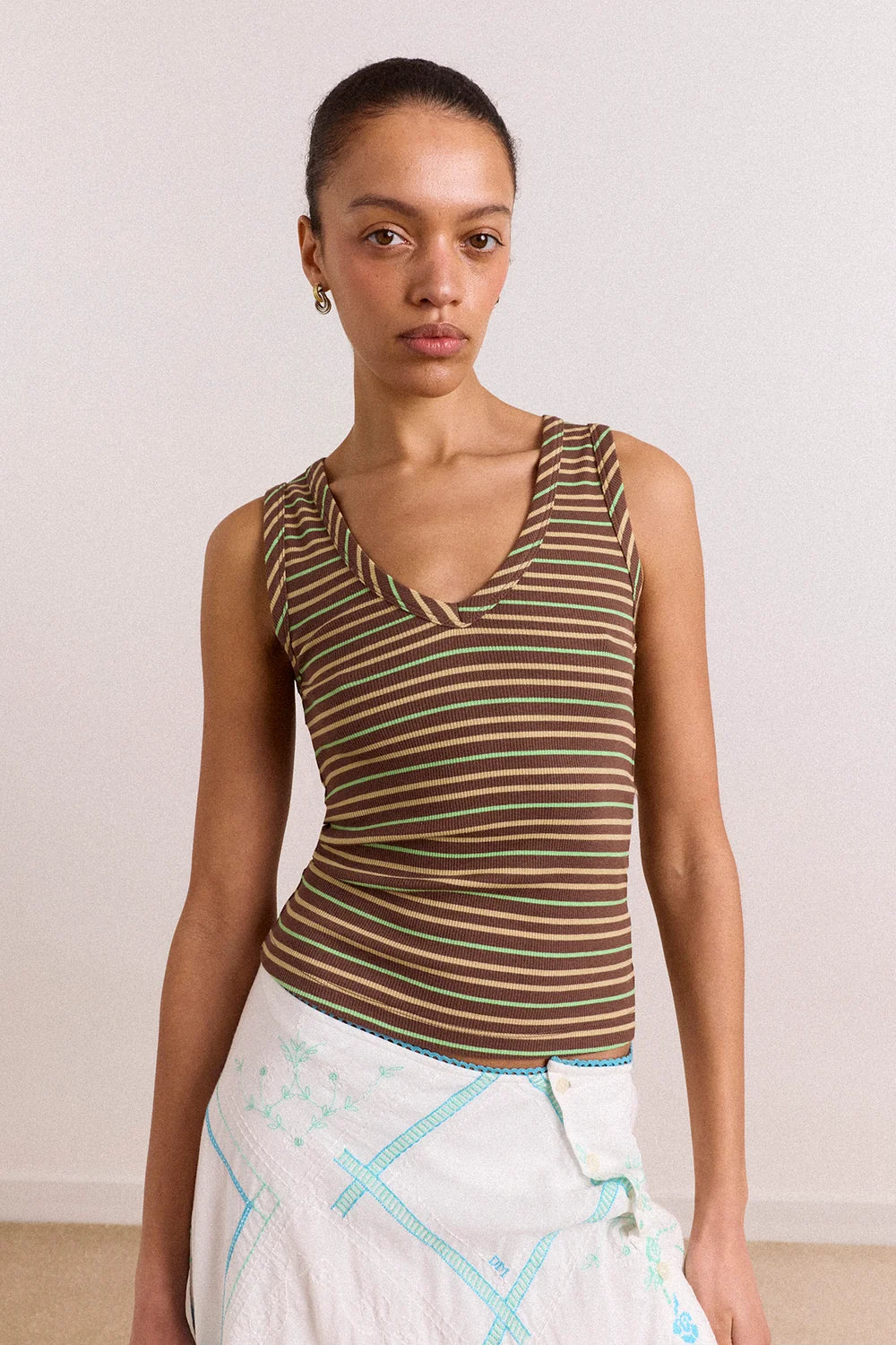Damson Madder – Arlea V-Neck Tank in Brown Stripe