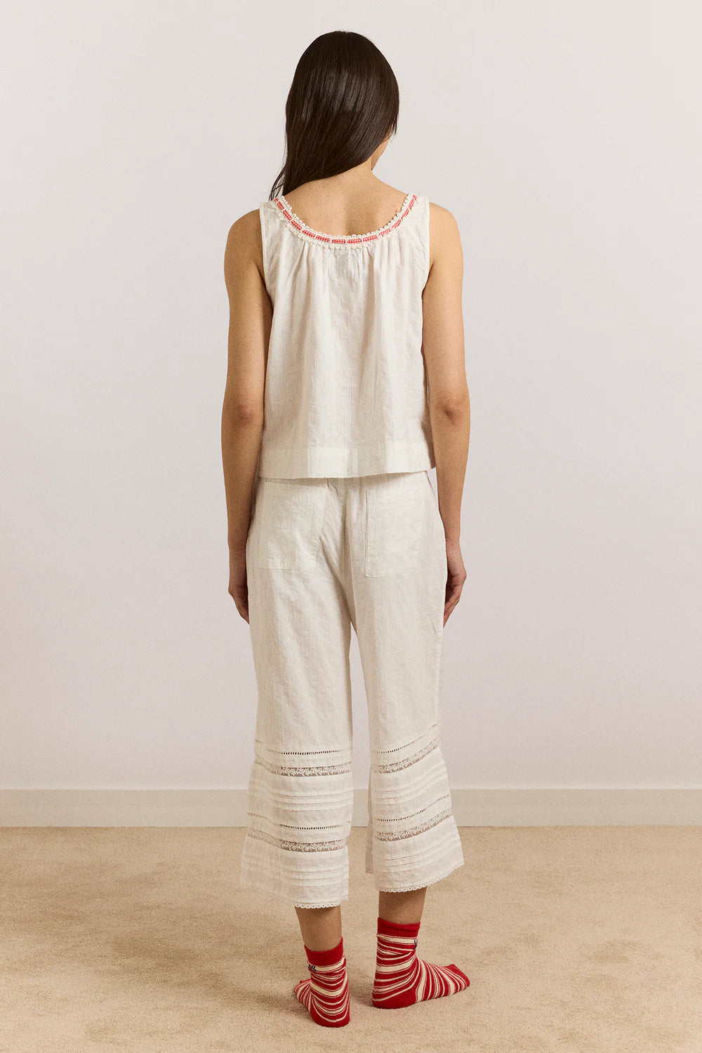 Damson Madder – Elodie Cami in White with Red Gingham Tie