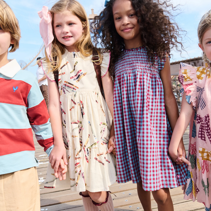 Pink Chicken – Girls Stevie Dress in Red, Light Blue Check