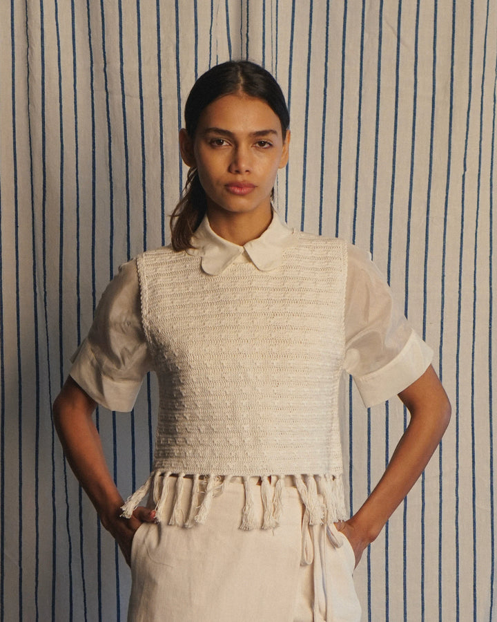 Proche - Fringe Hem Crocheted Vest in Cream