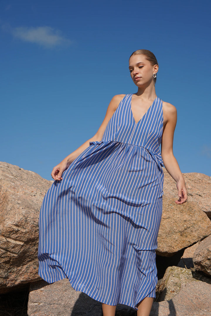 Proche - Erato Silk Maxi Dress in Cobalt and Apricot Stripe