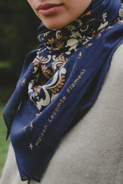 Maison Lecomte Flament – Cotton Bandana Scarf in Navy Flowers