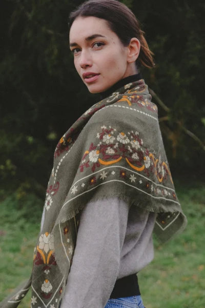 Maison Lecomte Flament – Wool Silk Blend Bandana in Secret Garden Golded Green