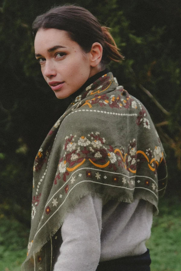 Maison Lecomte Flament – Wool Silk Blend Bandana in Secret Garden Golded Green