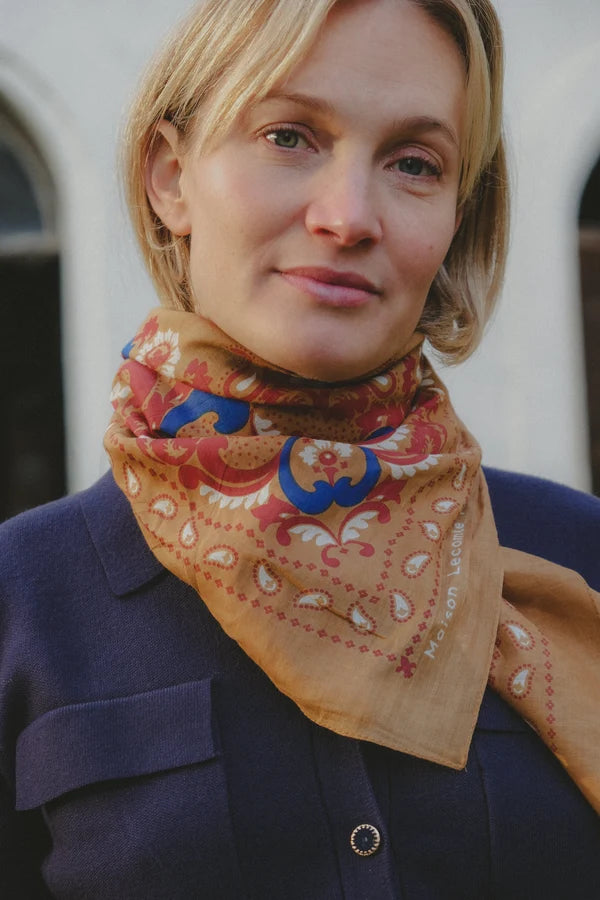 Maison Lecomte Flament – Cotton Bandana Scarf in Camel Flowers
