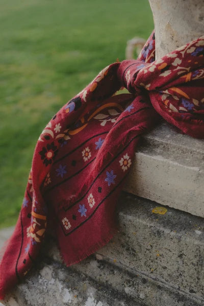 Maison Lecomte Flament – Wool Silk Blend Bandana in Secret Garden Burgundy