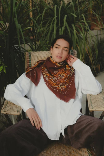 Maison Lecomte Flament – Wool Cashmere Bandana in Chocolate Flowers