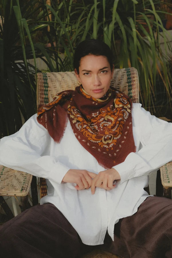 Maison Lecomte Flament – Wool Cashmere Bandana in Chocolate Flowers