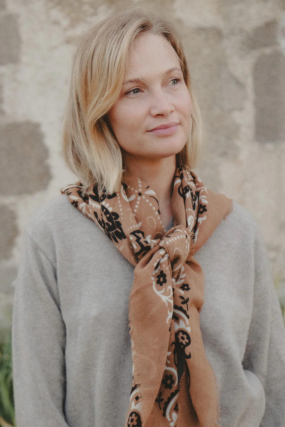 Maison Lecomte Flament – Wool Silk Blend Bandana in Camel