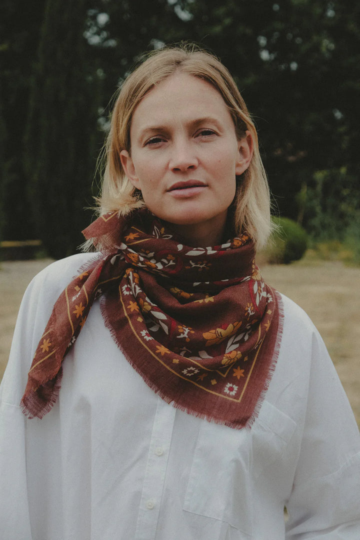 Maison Lecomte Flament – Wool Silk Blend Bandana in Secret Garden Chocolate