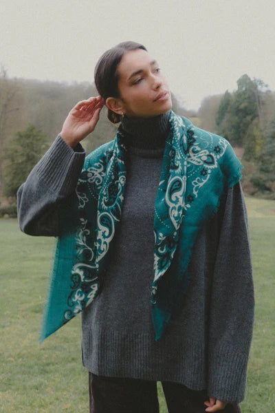 Maison Lecomte Flament – Wool Silk Blend Bandana in Petrol