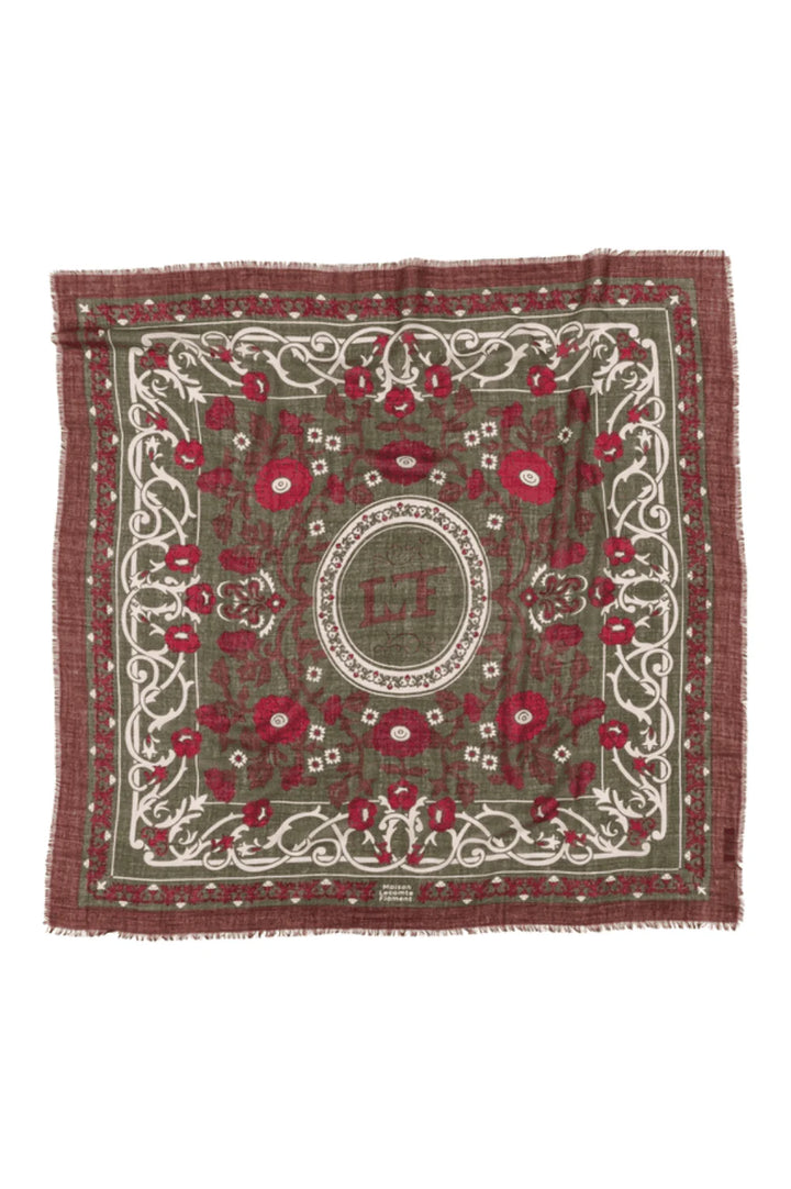 Maison Lecomte Flament – Wool Silk Blend Bandana in Marie Antoinette Kaki / Bordeaux