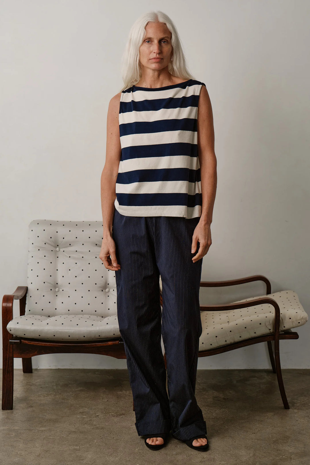 Donni – Jersey Stripe Boatneck Tank in Navy and Creme