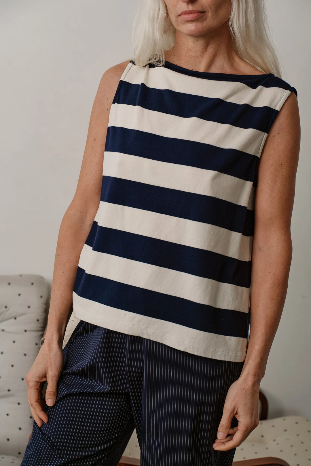 Donni – Jersey Stripe Boatneck Tank in Navy and Creme