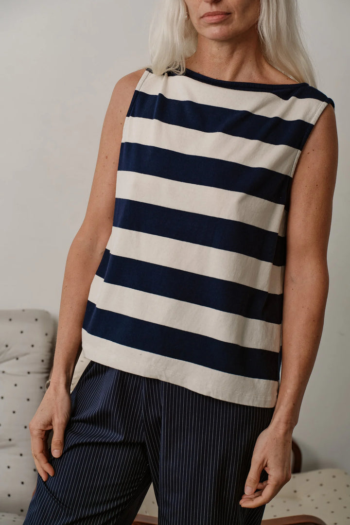 Donni – Jersey Stripe Boatneck Tank in Navy and Creme