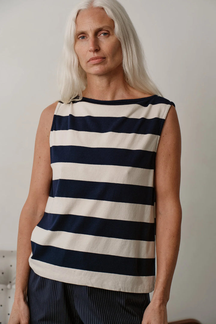 Donni – Jersey Stripe Boatneck Tank in Navy and Creme
