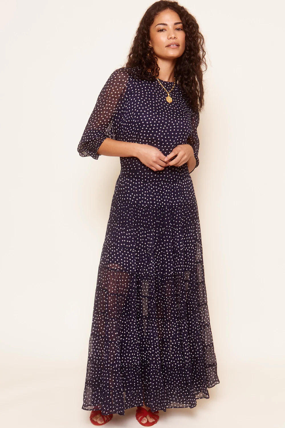 RIXO - Kristen Dress in Navy Polka Dot