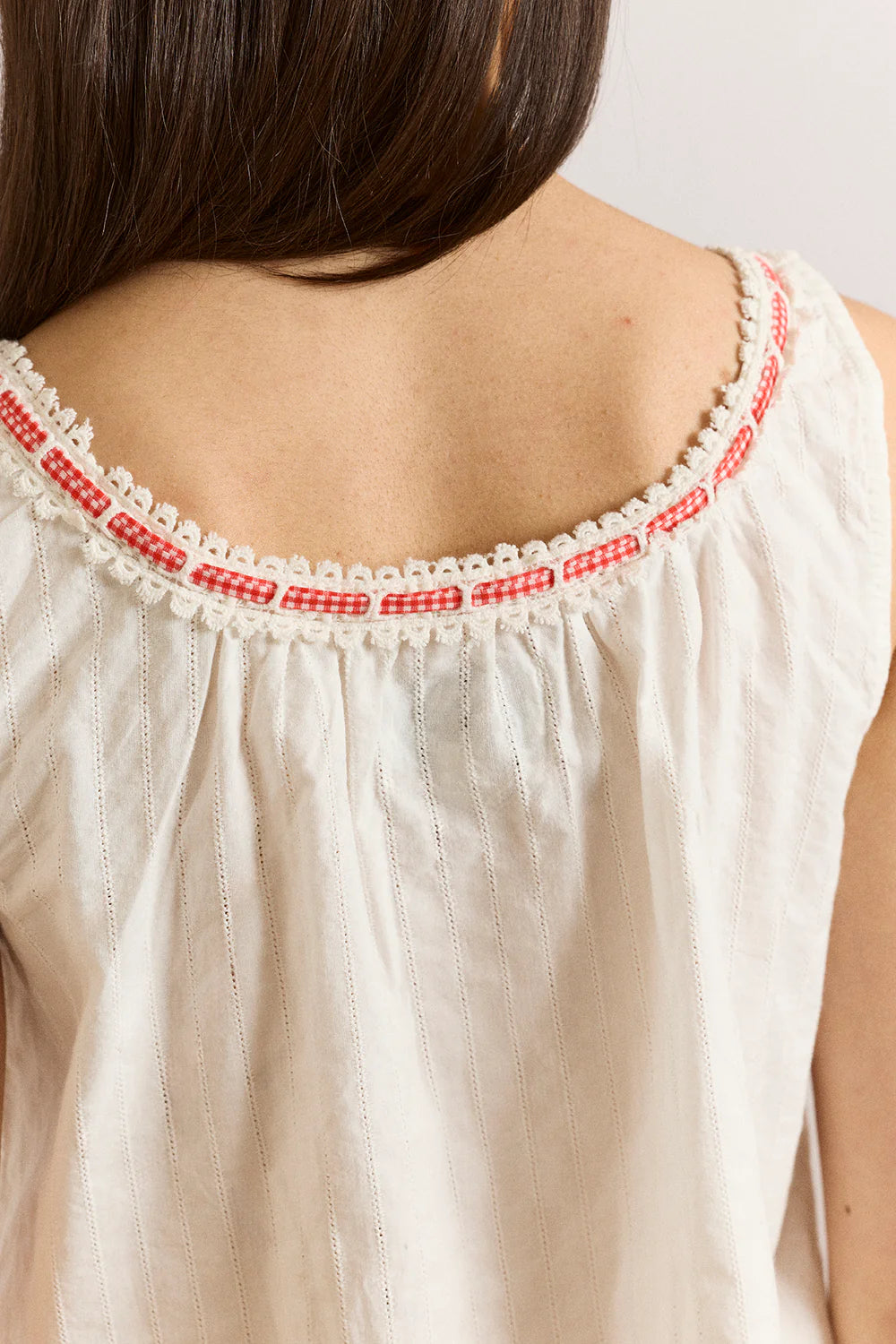 Damson Madder – Elodie Cami in White with Red Gingham Tie