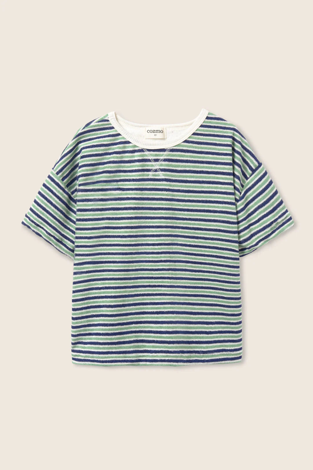 Cozmo- Enea Striped Terry T-Shirt in Blue Green