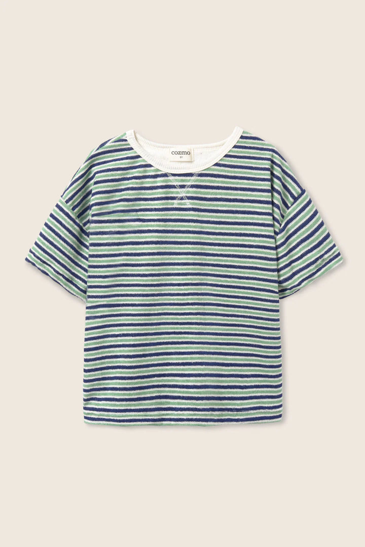 Cozmo- Enea Striped Terry T-Shirt in Blue Green
