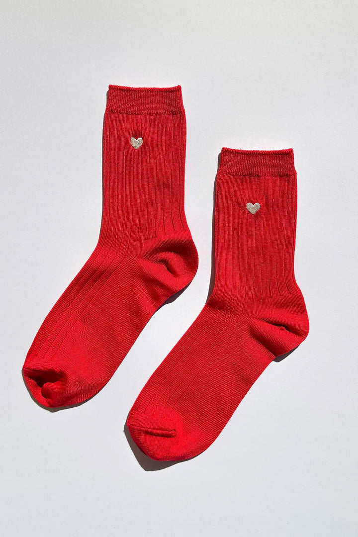 Le Bon Shoppe - Embroidered Cotton Rib Her Socks in Classic Red + Heart