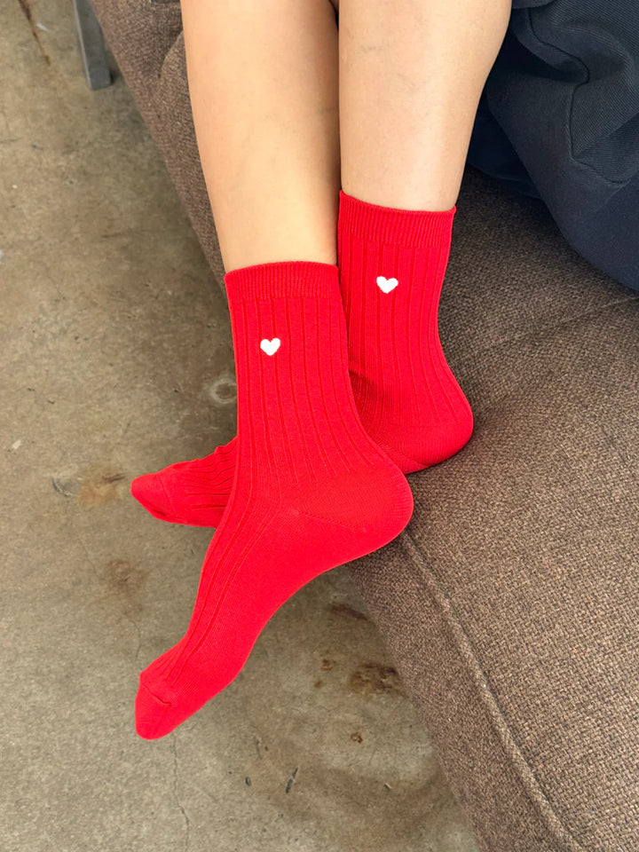 Le Bon Shoppe - Embroidered Cotton Rib Her Socks in Classic Red + Heart