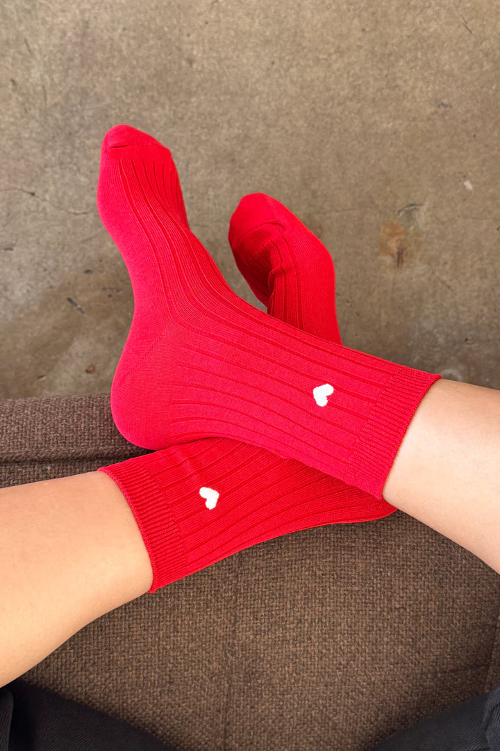 Le Bon Shoppe - Embroidered Cotton Rib Her Socks in Classic Red + Heart
