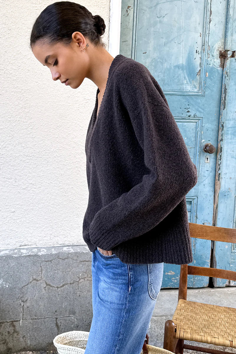 Emerson Fry - Boxy V-Neck Sweater in Dark Cocoa Boucle