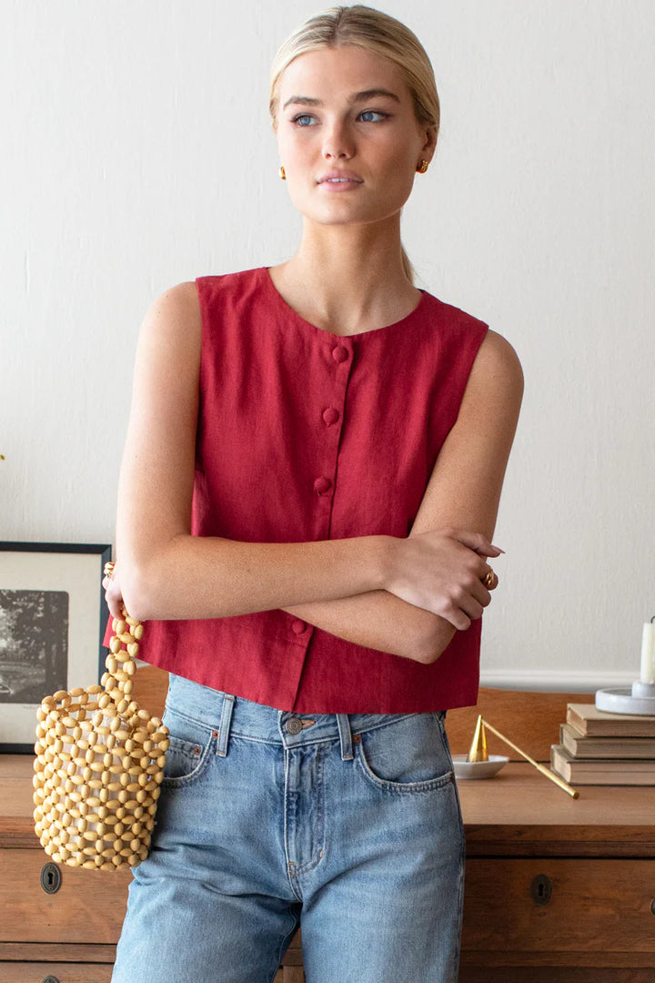 Emerson Fry - Button Front Wide Hem Linen Top in Pompeian Red