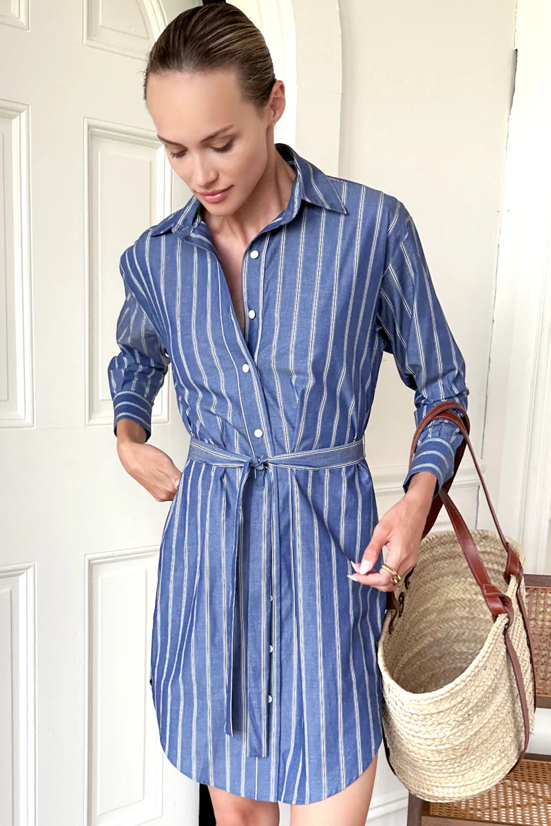 Emerson Fry – Longsleeve Shirtdress in Slate Blue Stripe