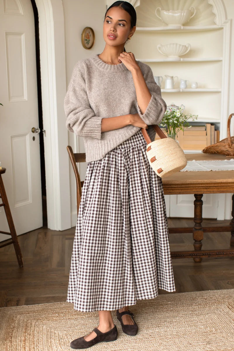 Emerson Fry - Smocked Maxi Skirt in Cocoa Gingham