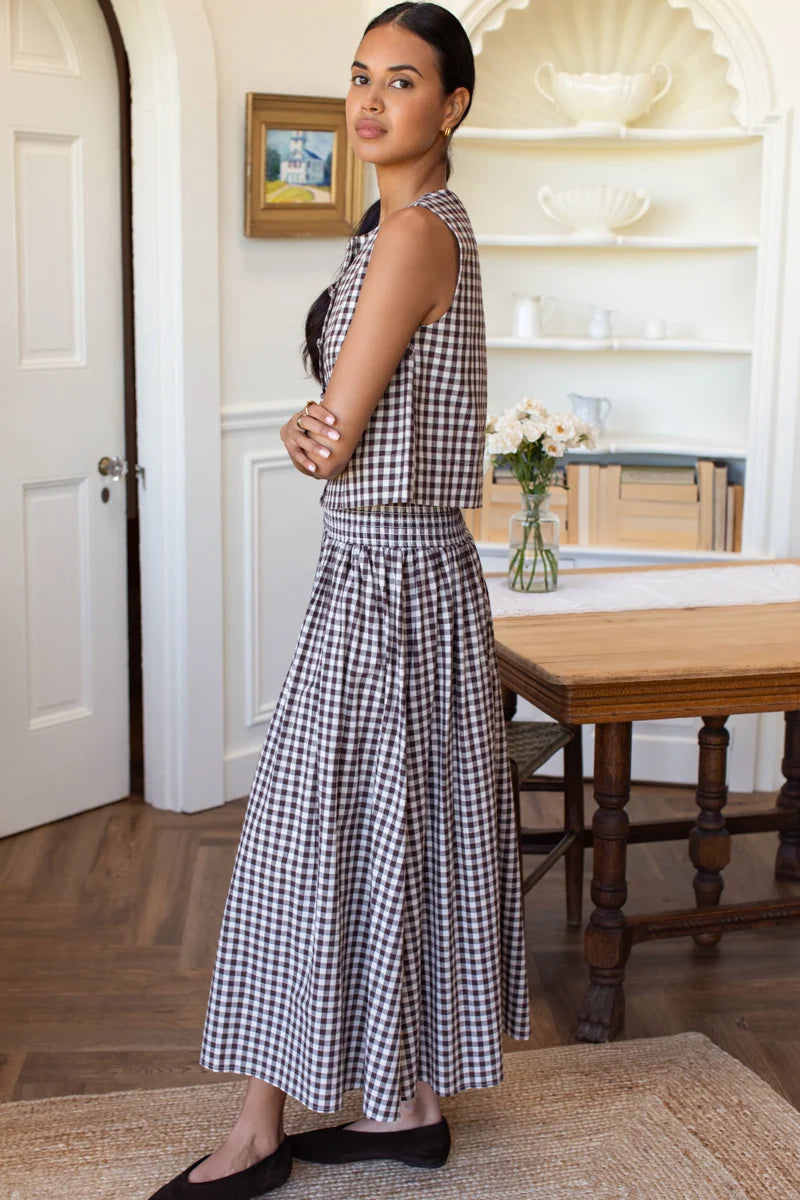 Emerson Fry - Smocked Maxi Skirt in Cocoa Gingham