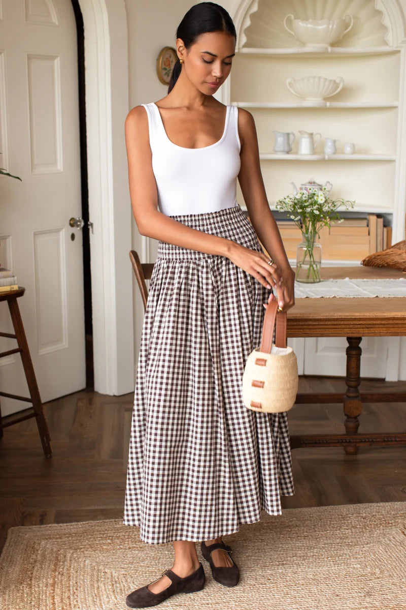 Emerson Fry - Smocked Maxi Skirt in Cocoa Gingham