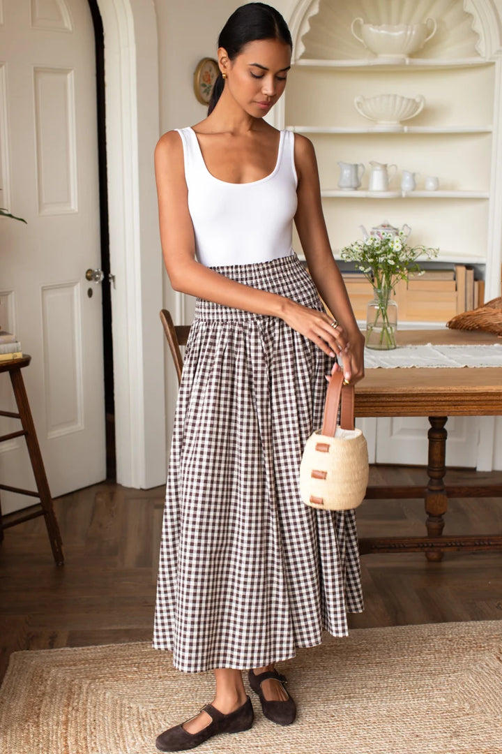 Emerson Fry - Smocked Maxi Skirt in Cocoa Gingham