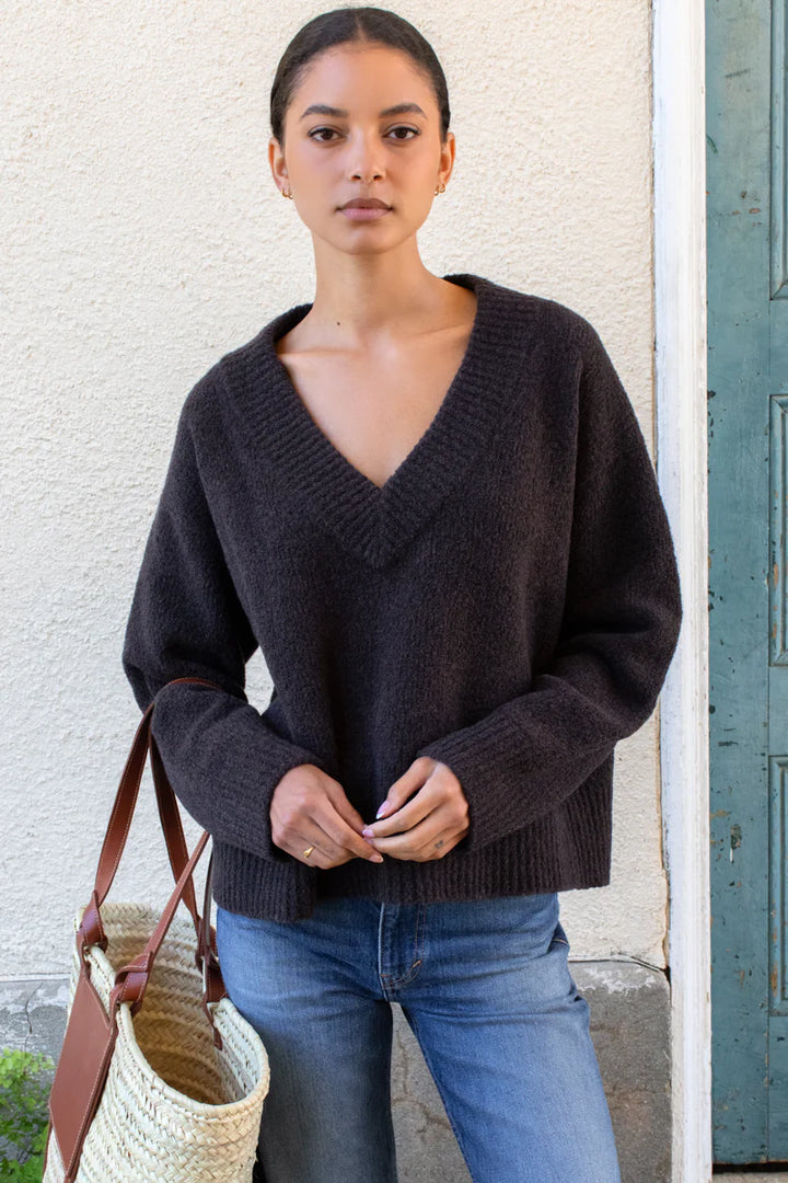 Emerson Fry - Boxy V-Neck Sweater in Dark Cocoa Boucle