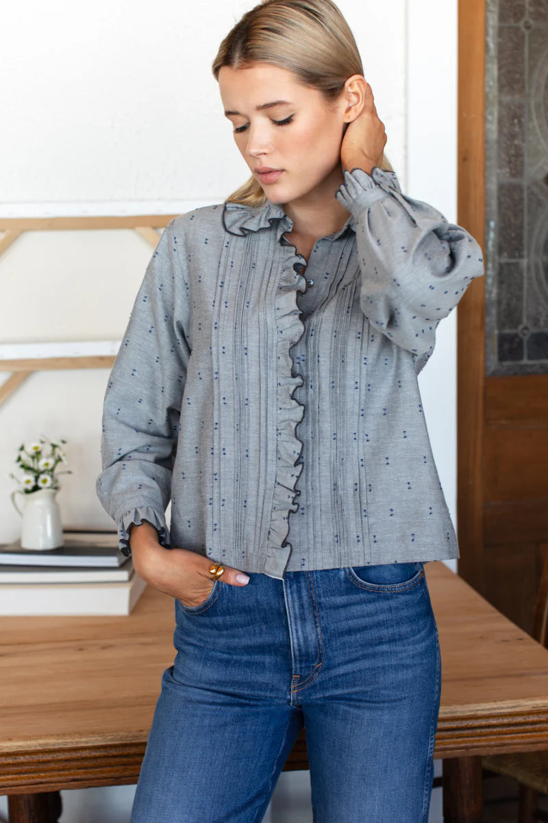 Emerson Fry - French Heirloom Shirt in Ash with Indigo Dots