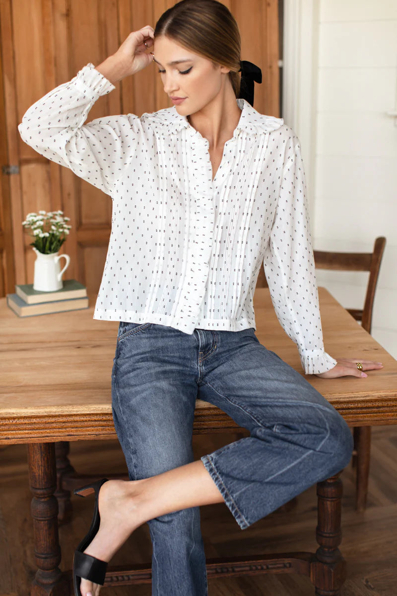 Emerson Fry - French Heirloom Shirt in Ivory and Black with Speckled Dots