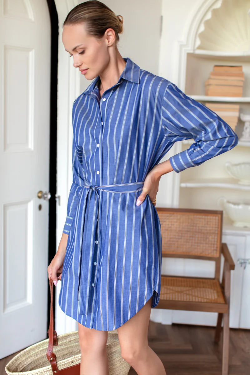 Emerson Fry – Longsleeve Shirtdress in Slate Blue Stripe