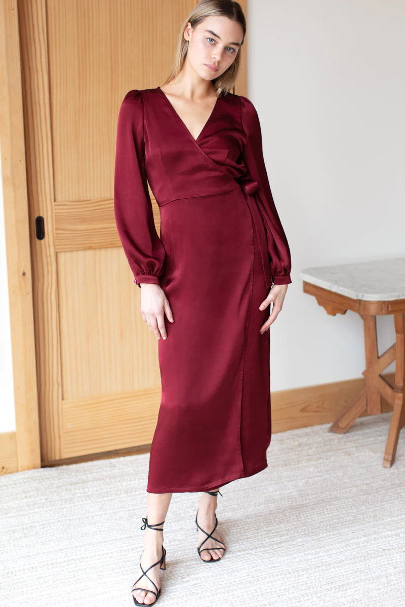 Emerson Fry – Bishop Sleeve Dress in Cabernet Satin