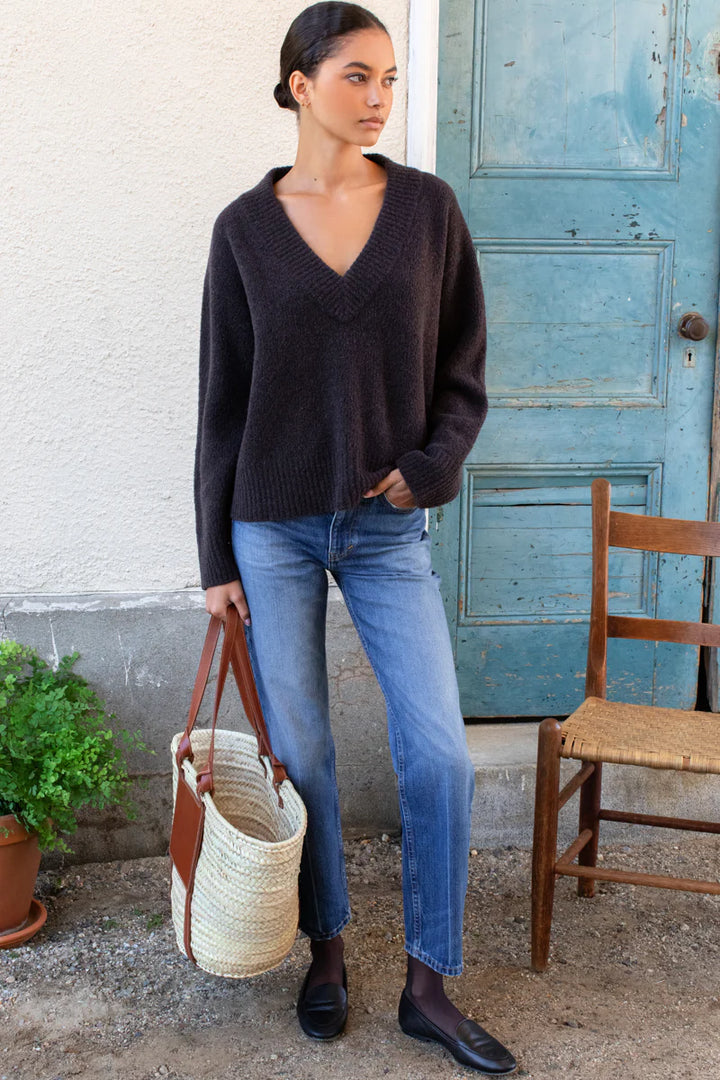 Emerson Fry - Boxy V-Neck Sweater in Dark Cocoa Boucle