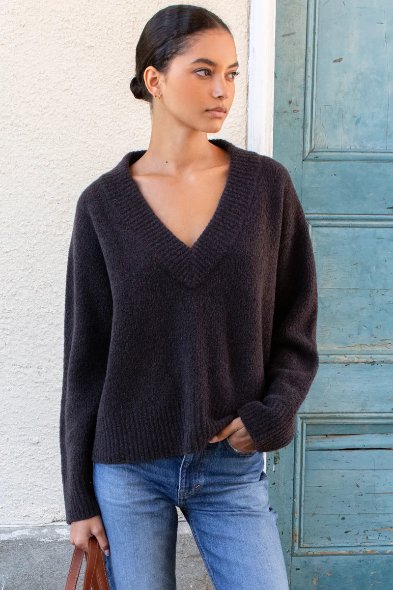 Emerson Fry - Boxy V-Neck Sweater in Dark Cocoa Boucle