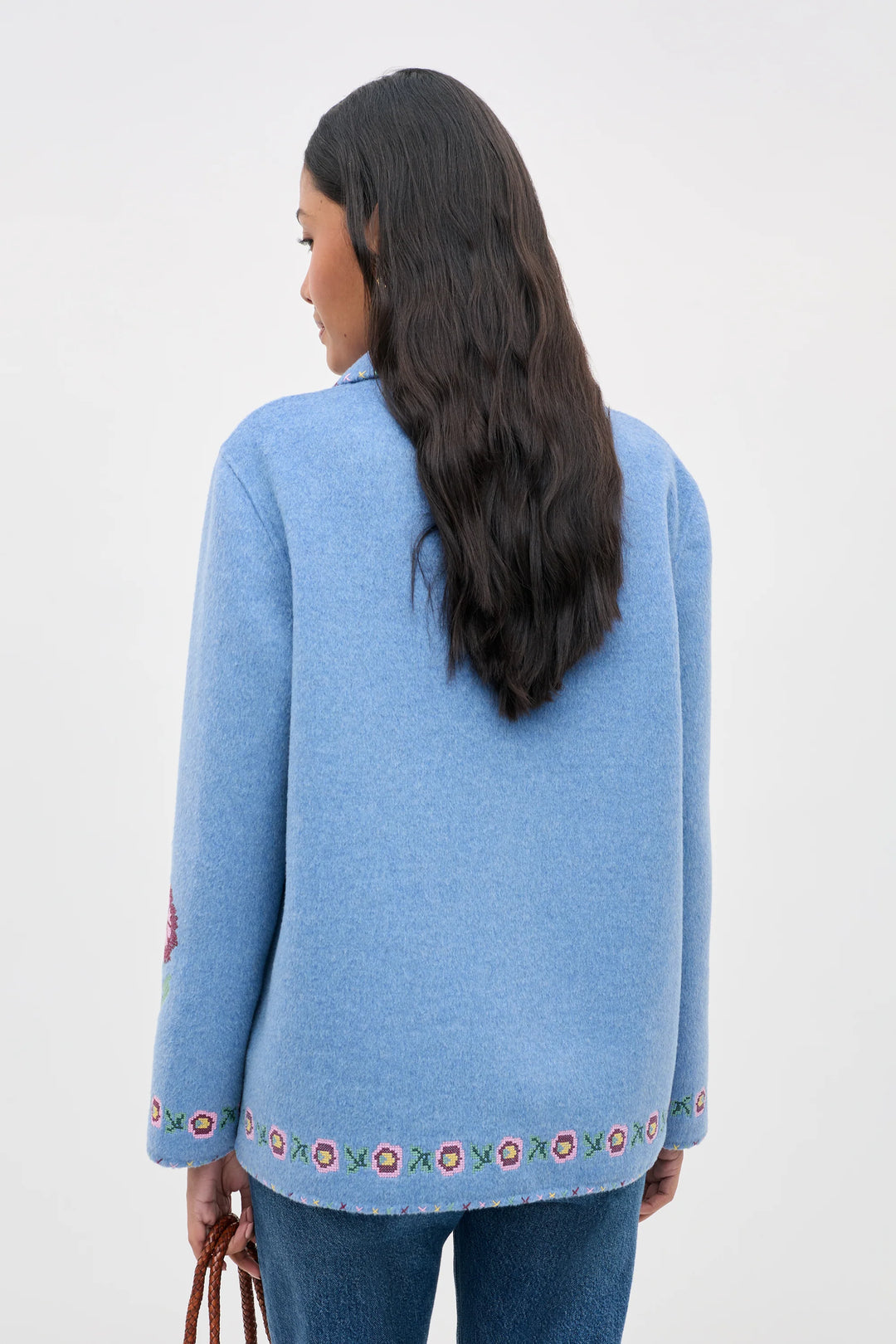 RIXO - Tashia Wool Jacket in Juliette Embroidery Blue