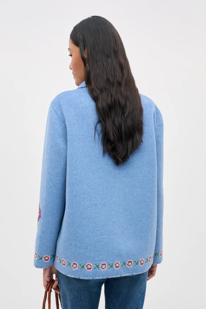 RIXO - Tashia Wool Jacket in Juliette Embroidery Blue